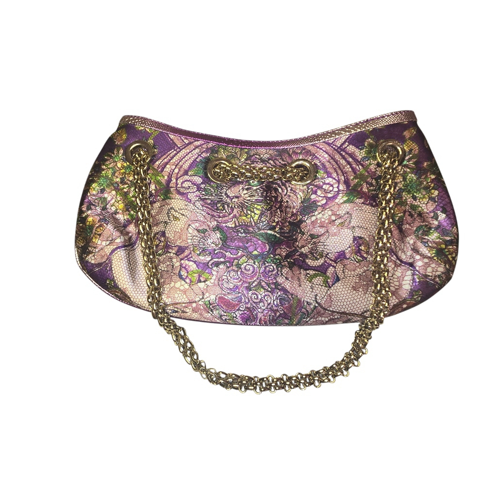 Ed Hardy Purple and Gold Satin Oriental Themed Clutch Bag